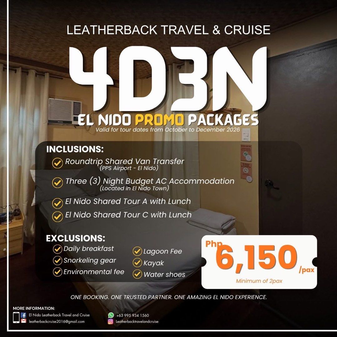 EL NIDO TOUR PACKAGES (Category: Local Attractions & Transport) located in Manila. Submitted by katsuwina (Listing ID 1468308628, Image 3). Description: El Nido Tour Packages Enjoy the beauty of El Nido with our island-hopping tours and room accommodation packages for a more convenient and memorable stay. (Hotel is less than a minute away from the beach) 📩 Message us for reservations. FB: El Nido Leatherback Travel and Cruise .