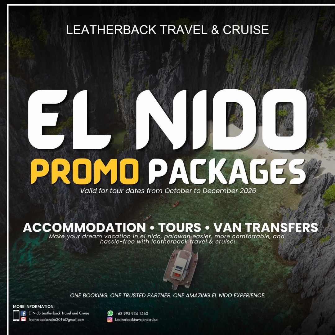 EL NIDO TOUR PACKAGES (Category: Local Attractions & Transport) located in Manila. Submitted by katsuwina (Listing ID 1468308628, Image 1). Description: El Nido Tour Packages Enjoy the beauty of El Nido with our island-hopping tours and room accommodation packages for a more convenient and memorable stay. (Hotel is less than a minute away from the beach) 📩 Message us for reservations. FB: El Nido Leatherback Travel and Cruise .