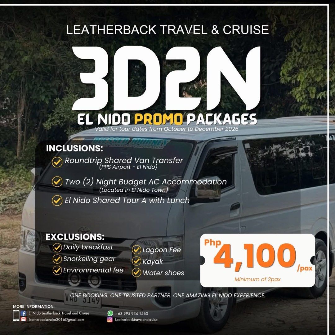 EL NIDO TOUR PACKAGES (Category: Local Attractions & Transport) located in Manila. Submitted by katsuwina (Listing ID 1468308628, Image 2). Description: El Nido Tour Packages Enjoy the beauty of El Nido with our island-hopping tours and room accommodation packages for a more convenient and memorable stay. (Hotel is less than a minute away from the beach) 📩 Message us for reservations. FB: El Nido Leatherback Travel and Cruise .