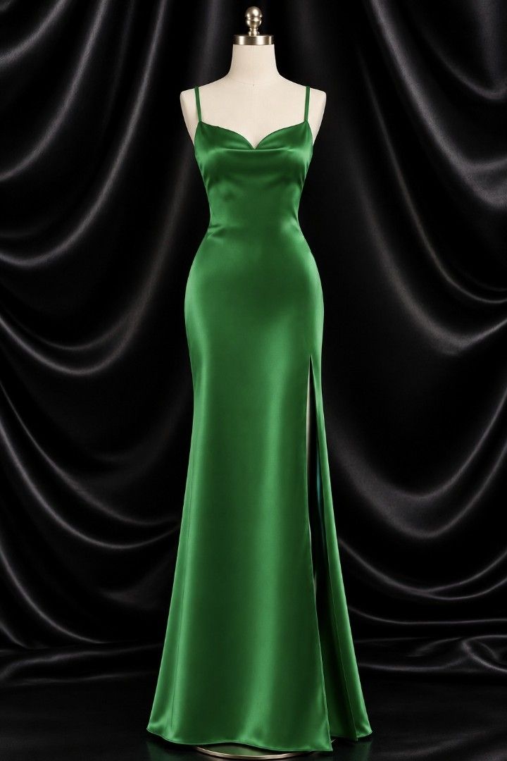 Emerald Green Satin Slit Maxi Dress (Category: Evening dresses & gowns) located in Bulacan. Submitted by heathersdream.c0 (Listing ID 1468305936, Image 1). Description: Xxs-Xs - Color: Gorgeous emerald green - Material: Thin silky satin that drapes beautifully - Design: Cowl neckline with thin spaghetti straps, high thigh slit on the left, floor-length hem - Closure: Convenient zip - Condition: Excellent (worn once for a dinner event, dry cleaned