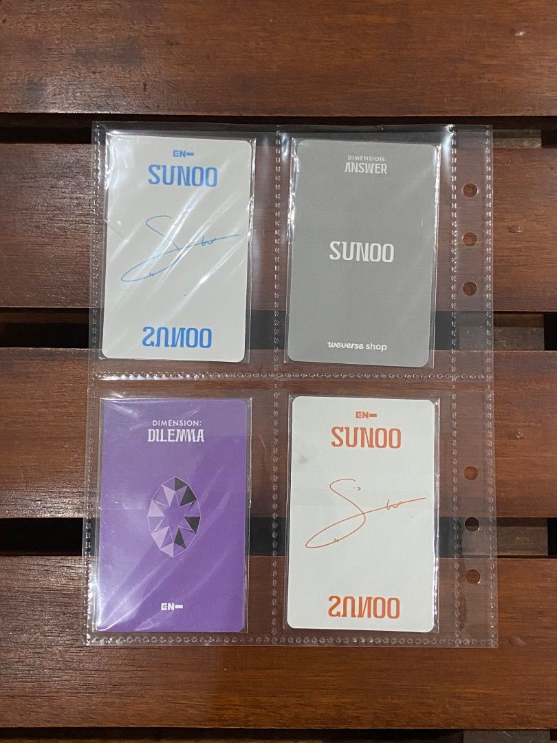 ENHYPEN Sunoo photocards (Category: K-Wave Merchandise) located in Pateros City. Submitted by strawberhyun (Listing ID 1468434638, Image 2). Description: - Group/Member: ENHYPEN Sunoo - Era: DIMENSION: DILEMMA and DIMENSION: ANSWER - Quantity: 4 official photocards - Condition: Good, kept in binder sleeves - Ideal for collectors and ENGENEs completing their sets.