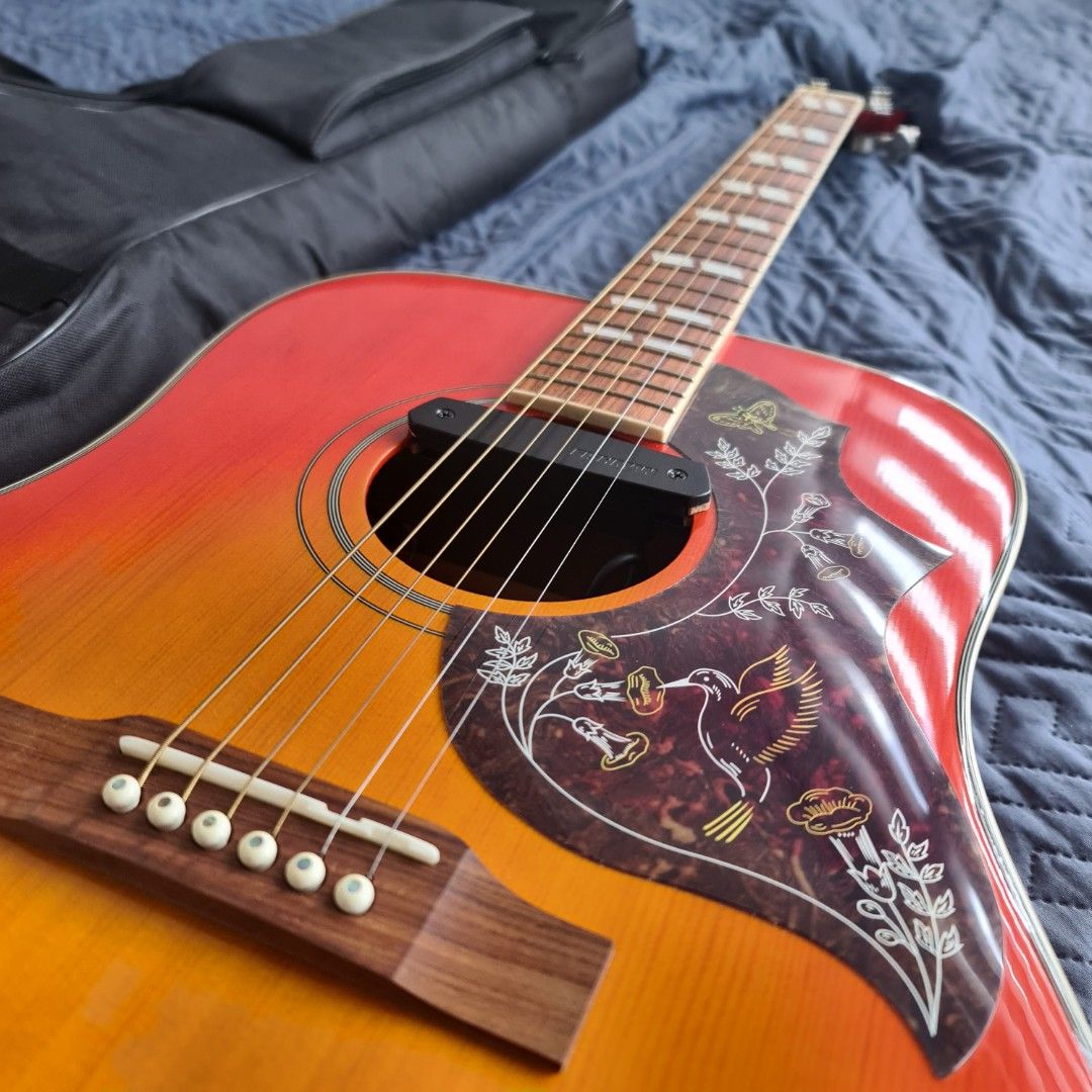 Epiphone Hummingbird Pro/FC (Category: Musical Instruments) located in Makati City. Submitted by im.digiman (Listing ID 1467893840, Image 3). Description: Letting go of my Epiphone Hummingbird Pro bought this from Marketplace Recently set up, standard action Great sounding cosmetic flaws, signs of usage (see pics) No issue Rfs: already bought another guitar and need to make some space Pickup only at The Rise Makati Grab/lalamove ok.