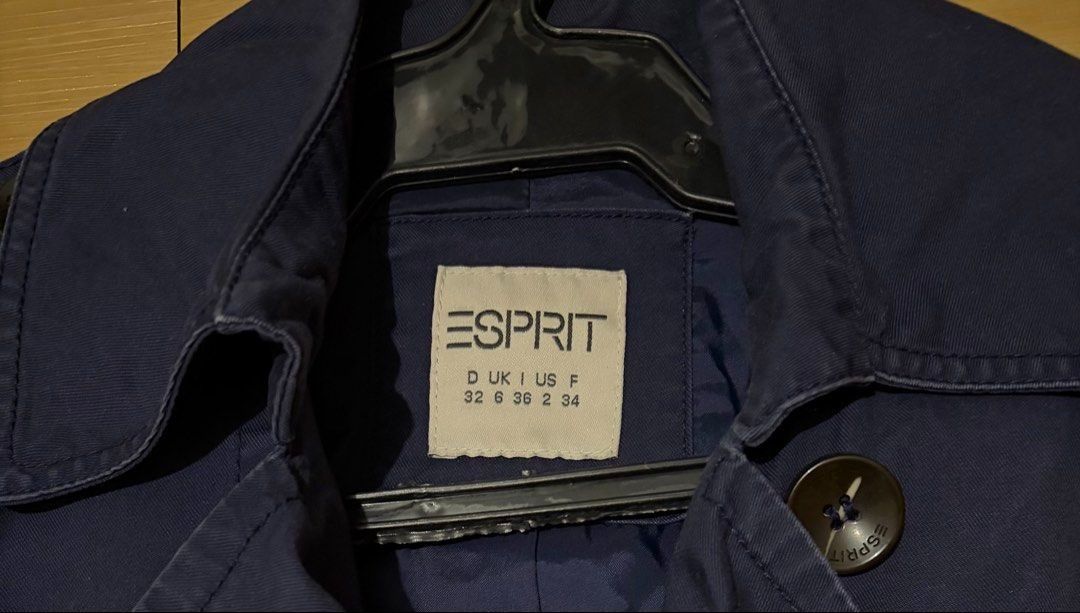 Esprit Navy Blue Double-Breasted Trench Coat Small (Category: Coats, Jackets and Outerwear) located in Quezon City. Submitted by garagesale2026 (Listing ID 1468449167, Image 3). Description: - Preloved - In very good condition - Runs big, XS on tag, fits up to Small - Waist: up to 29" - Length from waist: 16.5" - Width: Shoulder 14.5"; Bust 17".
