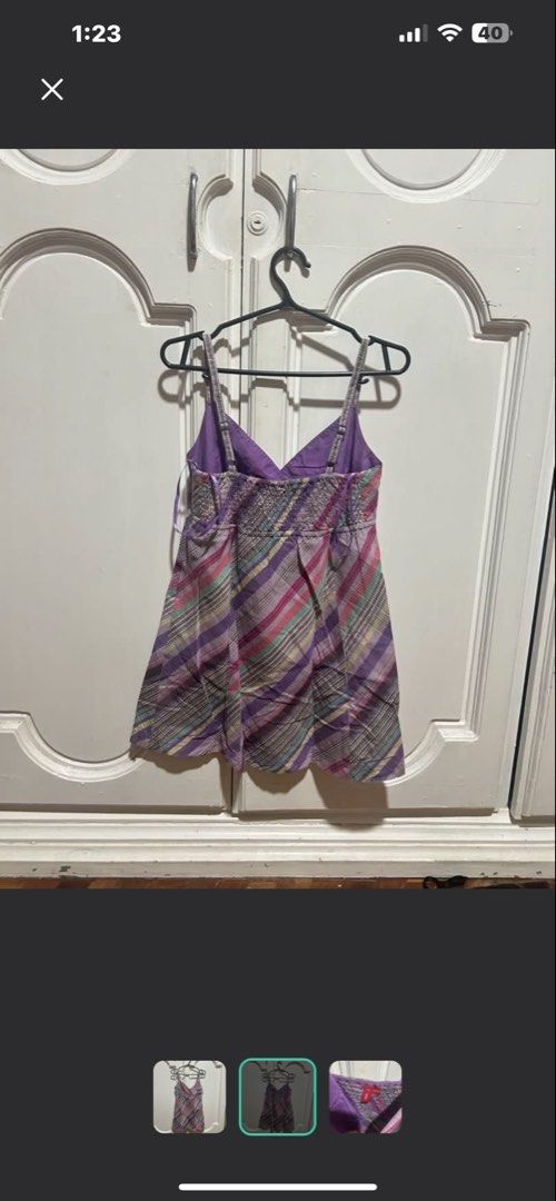 Esprit plaid long top (Category: Sleeveless) located in Meycauayan. Submitted by ms.einz (Listing ID 1468494212, Image 2). Description: - Brand: EDC by Esprit - Size: XS (150/76A) - Design: Purple tones with diagonal plaid pattern - Fit: Smocked elastic back panel for stretch with adjustable spaghetti straps - Neckline: V-neck with purple lining #zara #bershka .