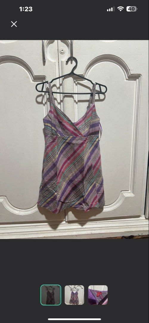 Esprit plaid long top (Category: Sleeveless) located in Meycauayan. Submitted by ms.einz (Listing ID 1468494212, Image 1). Description: - Brand: EDC by Esprit - Size: XS (150/76A) - Design: Purple tones with diagonal plaid pattern - Fit: Smocked elastic back panel for stretch with adjustable spaghetti straps - Neckline: V-neck with purple lining #zara #bershka .