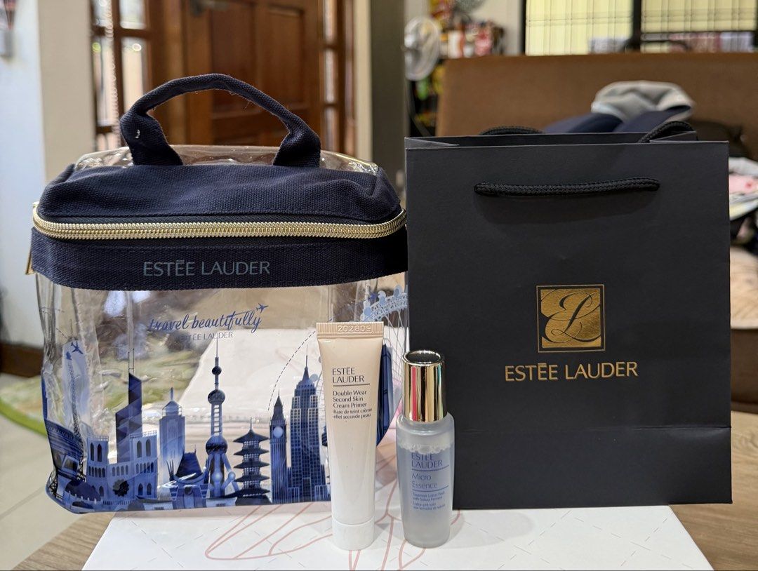 Estee Lauder Gift Set (Category: Makeup) located in Las Pinas. Submitted by mitch_24 (Listing ID 1468296089, Image 1). Description: Includes: - Estee Lauder Double Wear Second Skin Primer - Estee Lauder Micro Essence Toner - Estee Lauder Makeup Organizer - Estee Lauder Paper Bag.