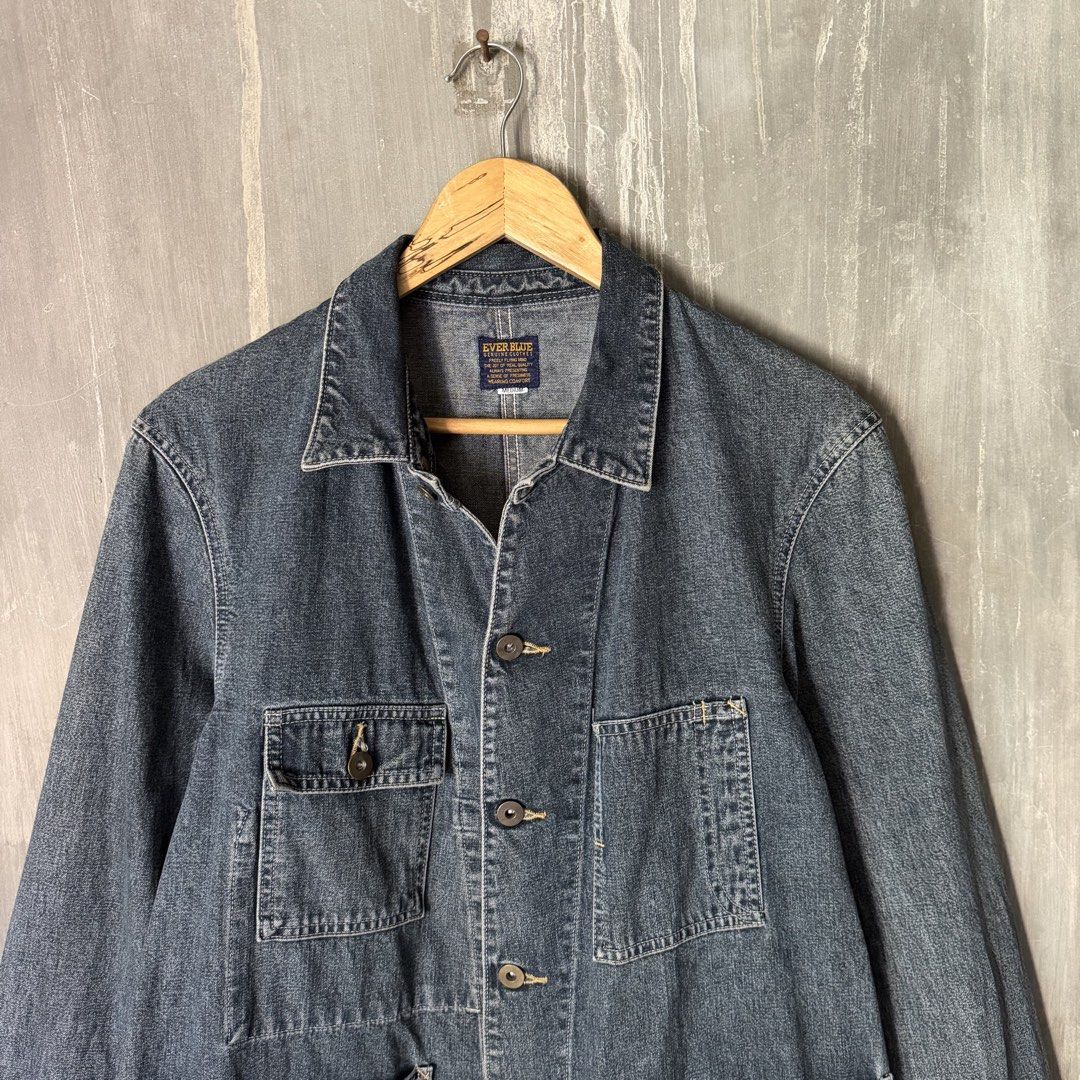 Ever Blue Denim Workwear Chore Jacket (Category: Coats, Jackets and Outerwear) located in Puerto Princesa. Submitted by terdsthrift (Listing ID 1468426923, Image 3). Description: EVER BLUE Denim Workwear Chore Jacket Width: 23 Length: 29 Shoulder: 18 In Excellent Condition / No Issue Color Rate: 10/10 - Brand/Model: Ever Blue Denim Chore Jacket - Color: Dark wash - Size: Medium (regular fit) - Material: Sturdy cotton denim - Design: Classic colla