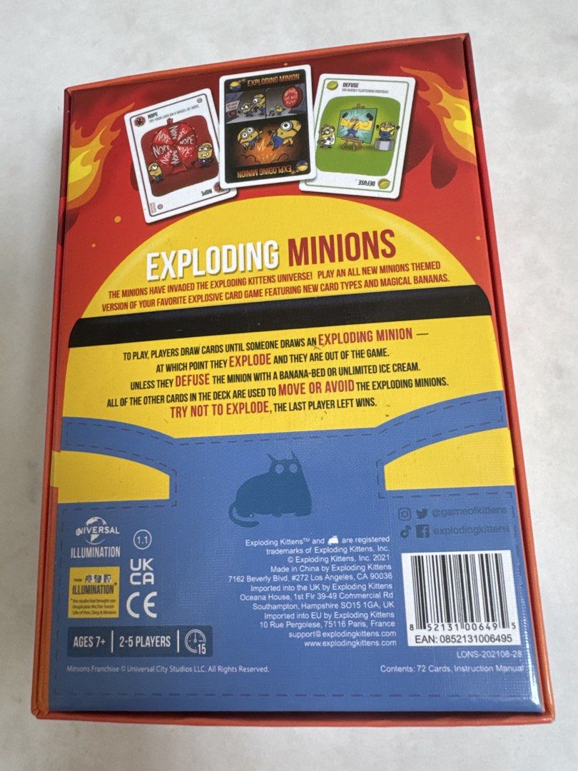 Exploding Minions Card Game by Exploding Kittens (Category: Board Games & Puzzles) located in Singapore. Submitted by doodlepie (Listing ID 1468320834, Image 2). Description: Exploding Minions card game by Exploding Kittens. Perfect for 2-5 players aged 7 and up. Features fun Minions characters with classic gameplay..