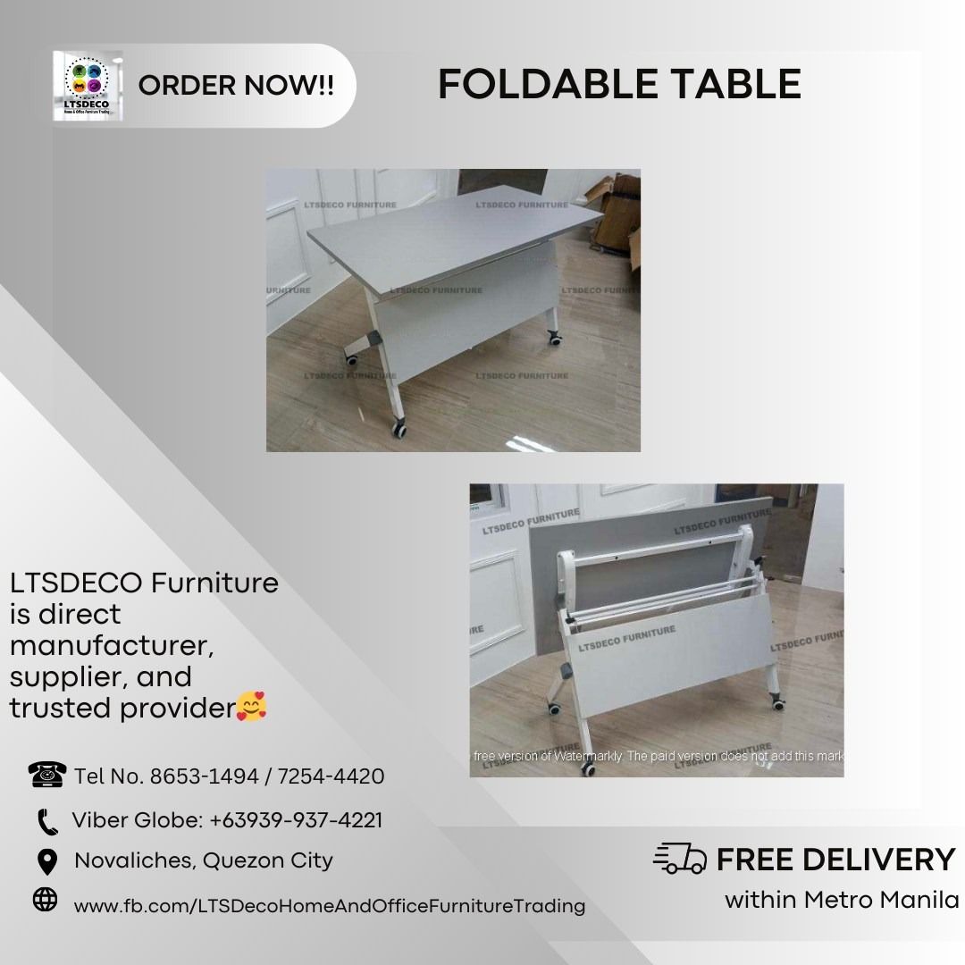FOLDABLE TABLE OFFICE FURNITURE (Category: Everything Else Others) located in Quezon City. Submitted by mendez-21l09 (Listing ID 1468358372, Image 1). Description: 📌Please note: Prices shown are for reference only Actual price may vary depending on size, material, quantity, and specifications. LTSDECO Home and Office Furniture Trading MANUFACTURER • FABRICATOR • SUPPLIER 📲 V i b e r : +63 923 841 8065 HIGHER PRICE, BUT WORTH IT BECAUSE OF THE Q
