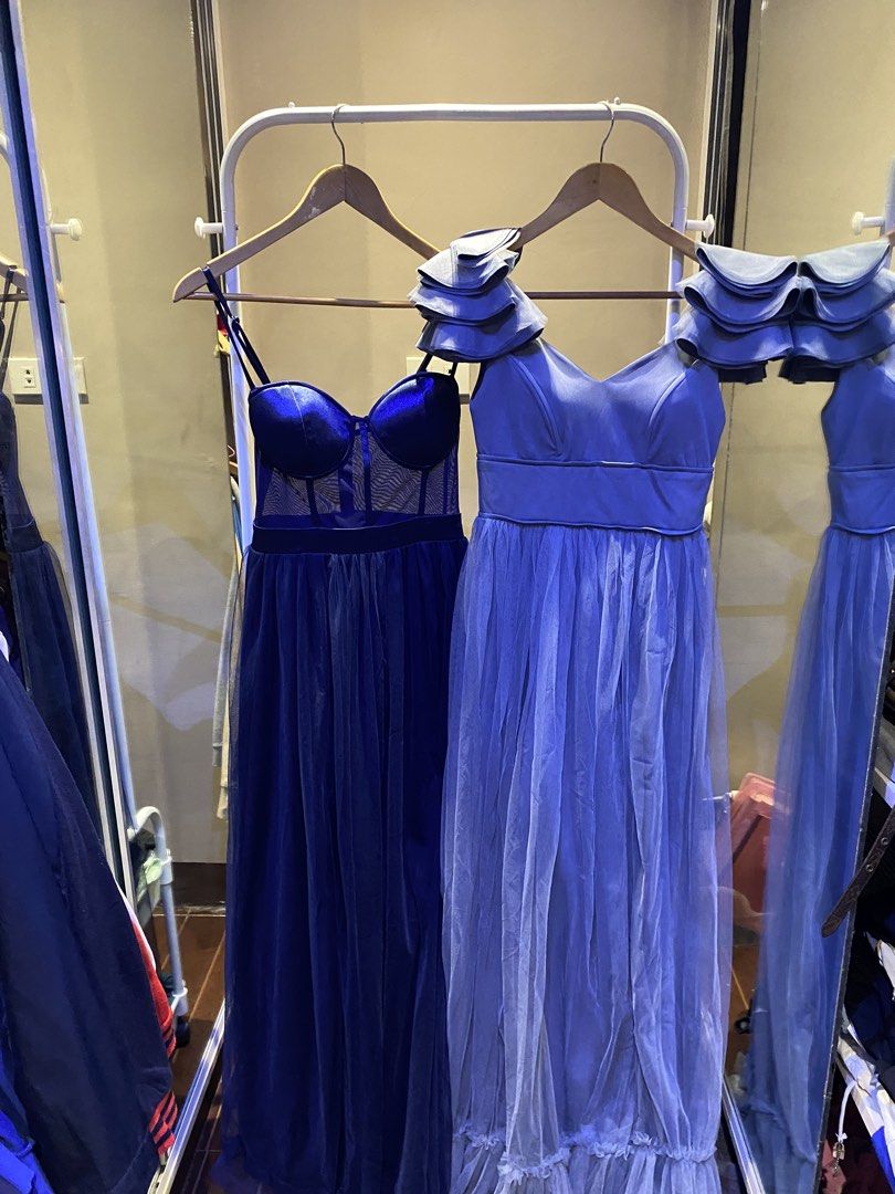 (FOR RENT) Long gown Midnight Blue & Blue (Category: Evening dresses & gowns) located in Makati City. Submitted by wonuderful (Listing ID 1468431696, Image 1). Description: 4 days - ₱1200 5 days - ₱1400 Blue gown is from Apartment 8 price is per gown 10% discount for students with valid id💗.