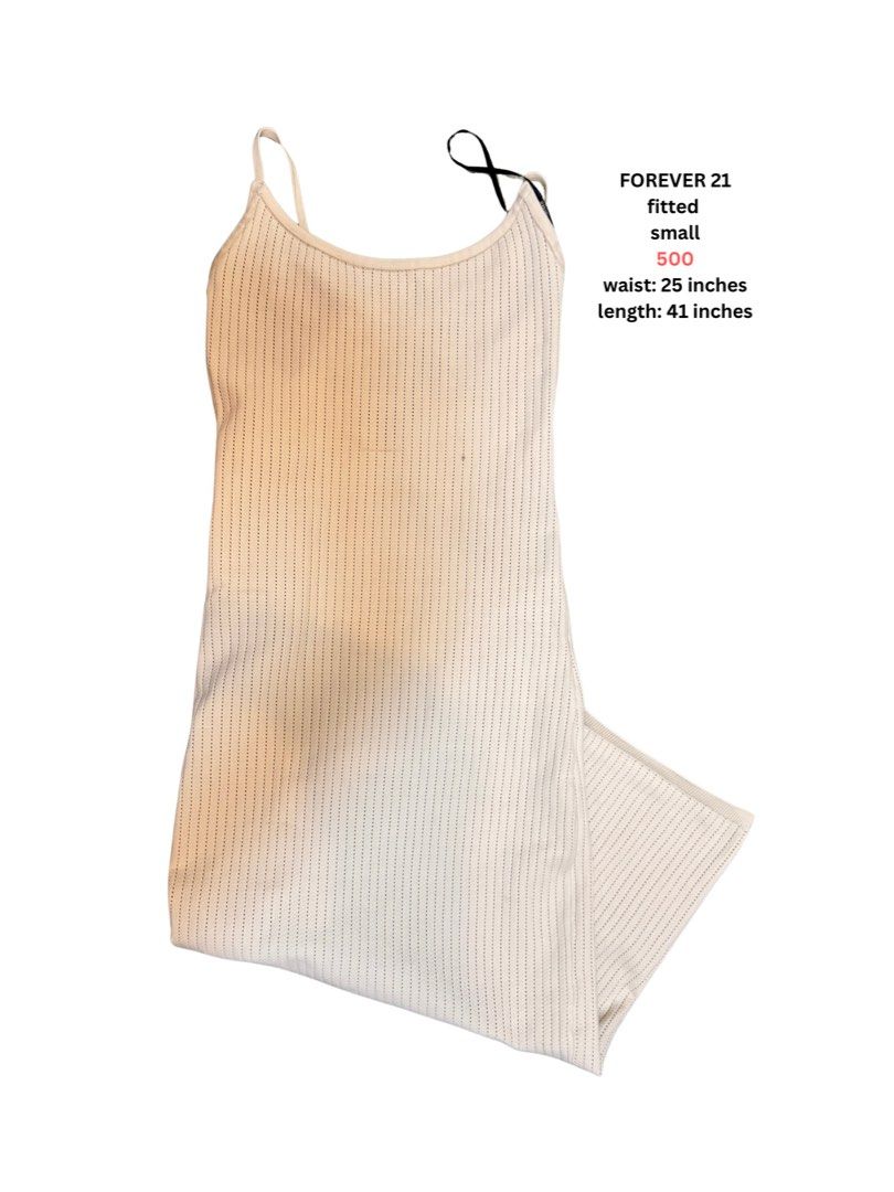 Forever 21 Fitted Dress Small (Category: Dresses) located in Angeles City. Submitted by vega.rachel (Listing ID 1468284346, Image 1). Description: - Brand: Forever 21 - Color: Cream - Material: Comfortable ribbed knit all over - Fit: Fitted style with dainty thin straps - Measurements: 25" waist, 41" length - Style: Super versatile basic piece, easy to dress up or down.