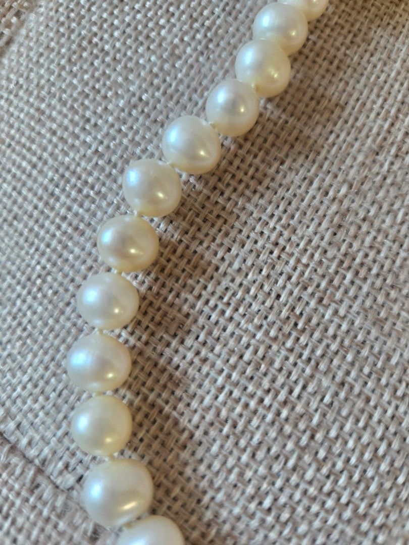 Fresh Water Pearl Necklace (Category: Necklaces) located in Manila. Submitted by luxtimeless (Listing ID 1468355539, Image 2). Description: - Classic white pearl necklace in standard choker size - Features individual knots between each round pearl for safety and elegance - Beautiful luster with a clean, polished look - Secure side clasp closure for easy wearing - Versatile design matches both casual and formal outfits.