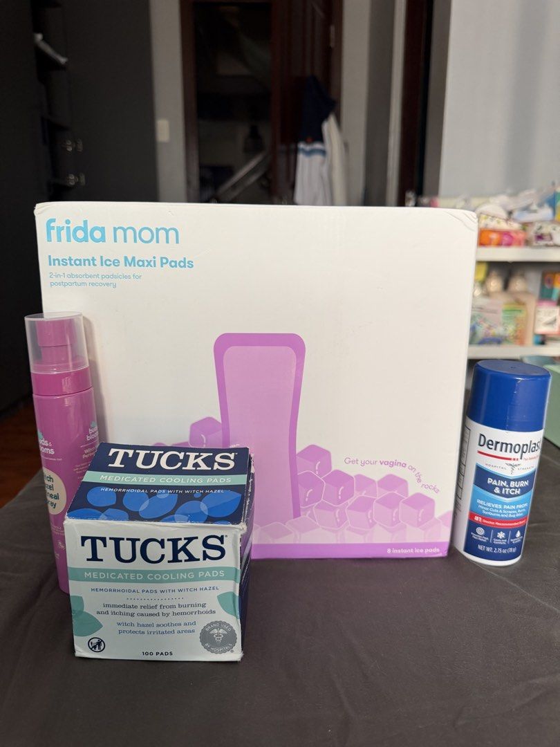 Frida Mom Tucks Dermoplast Postpartum Recovery Bundle (Category: Maternity Care) located in Manila. Submitted by sushibakeeee (Listing ID 1468333949, Image 1). Description: - Postpartum recovery bundle for new moms - Brand new and 100% unopened items - Frida Mom Instant Ice Maxi Pads (Box of 8) - Tucks Medicated Cooling Pads (100 pads) product untouched binuksan lang yung box - Dermoplast Pain, Burn and Itch Spray (2.75 oz) - Bonus pink pump bott
