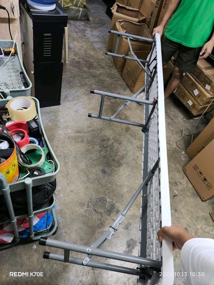 FTK 6ft Folding Bench White (Category: Chairs) located in Manila. Submitted by berdenmarl01688 (Listing ID 1468481055, Image 2). Description: - Color: Clean white surface with sturdy grey metal legs - Size: 6 feet long, perfect for extra seating at parties, events, or workshops - Storage: Folds flat smoothly and easily for hassle-free storage - Condition: Excellent, clean surface and fully functional mechanism - MOP: GCash, bank transfer, or cash