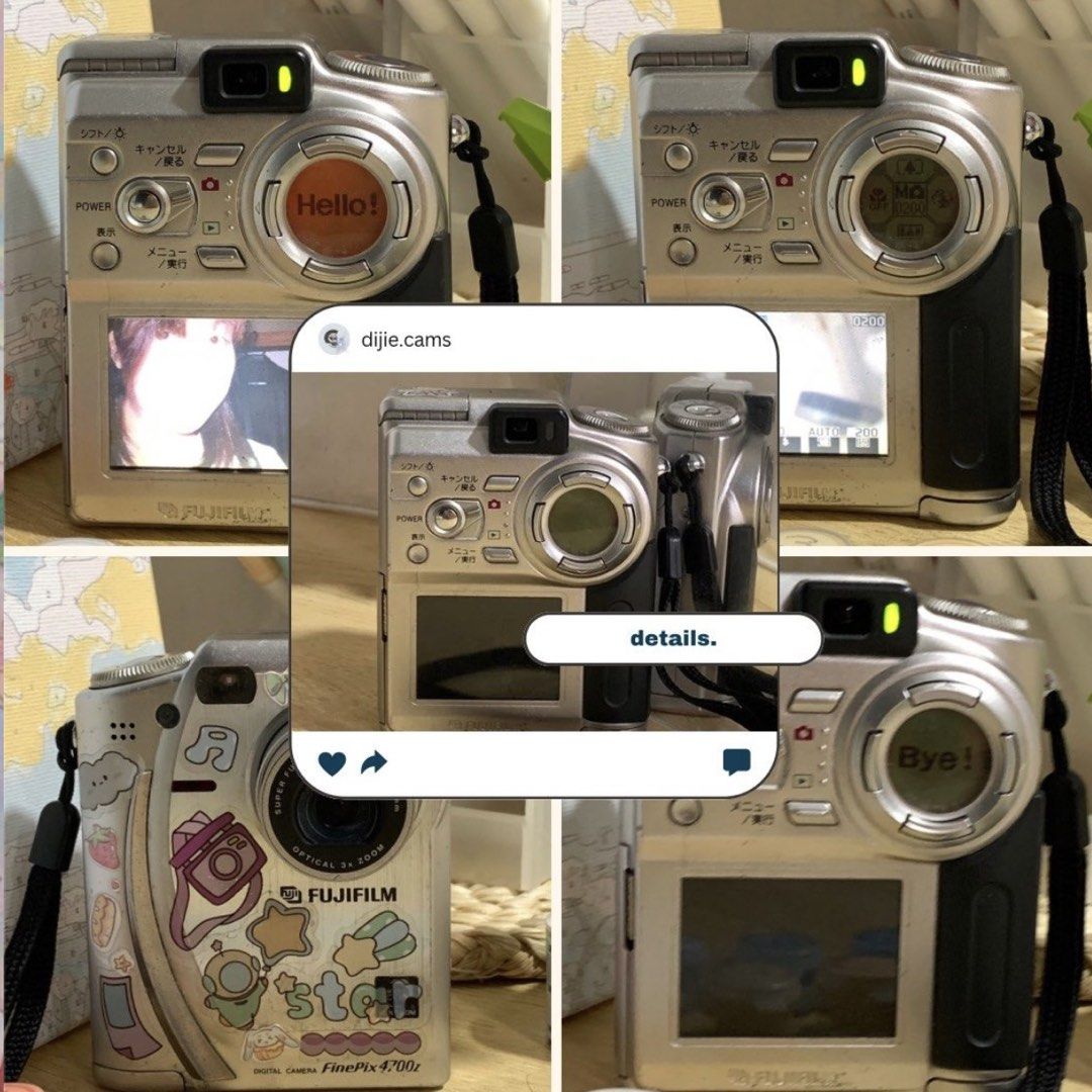 Fujifilm FinePix 4700z Digital Camera (Category: Cameras) located in San Nicolas. Submitted by dijie.cam (Listing ID 1468446849, Image 1). Description: - Model: Fujifilm FinePix 4700z digital camera in stylish silver - Aesthetic: Decorated with cute stickers and features a unique custom startup screen - Condition: Tested and powers on, pop-up flash mechanism works properly - Design: Compact vertical body with optical zoom lens, LCD screen, and sm