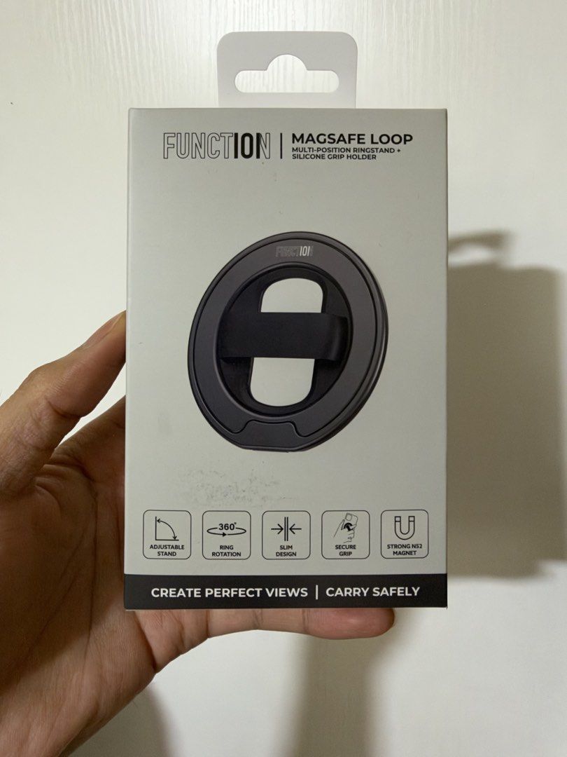 Function 101 Magsafe Loop (Category: Other Mobile & Gadget Accessories) located in Taguig. Submitted by theflower1122 (Listing ID 1468434380, Image 1). Description: - Brand: Function 101 - Model: MagSafe Loop (Multi-Position Ring Stand + Silicone Grip Holder) - Color: Black - Condition: Brand New in Box - Strong N52 magnets for secure MagSafe attachment - Soft and flexible silicone finger loop for comfortable grip - 360-degree ring rotation with 
