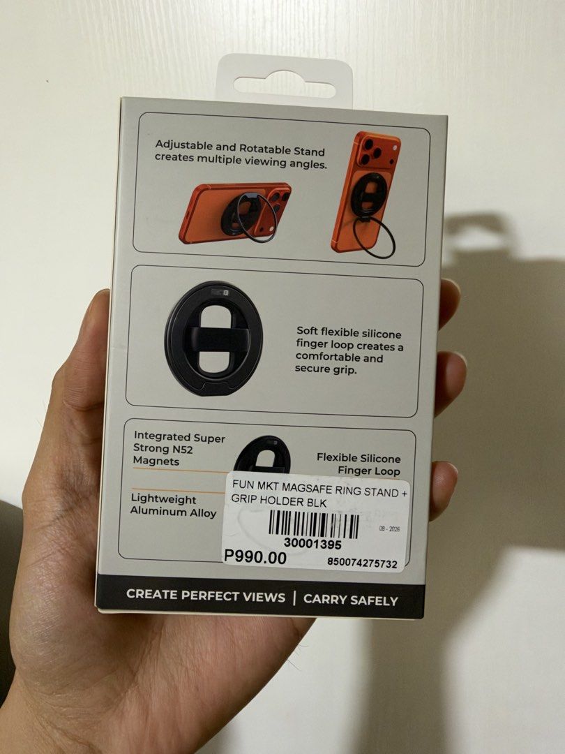 Function 101 Magsafe Loop (Category: Other Mobile & Gadget Accessories) located in Taguig. Submitted by theflower1122 (Listing ID 1468434380, Image 2). Description: - Brand: Function 101 - Model: MagSafe Loop (Multi-Position Ring Stand + Silicone Grip Holder) - Color: Black - Condition: Brand New in Box - Strong N52 magnets for secure MagSafe attachment - Soft and flexible silicone finger loop for comfortable grip - 360-degree ring rotation with 