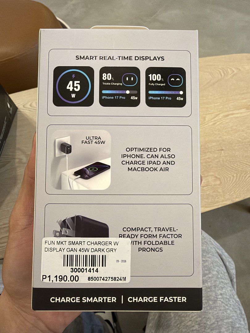 Function 101 smart charger 45w Brand New Original (Category: Chargers & Cables) located in Taguig. Submitted by theflower1122 (Listing ID 1468346704, Image 2). Description: - Brand new Function 101 Smart Charger - 45W maximum output with GaN powered technology - Smart real-time display with touch screen feature - Compact and travel-ready form factor with foldable prongs - Color: Dark Gray Delivery or Meet up BGC or Arca south taguig.