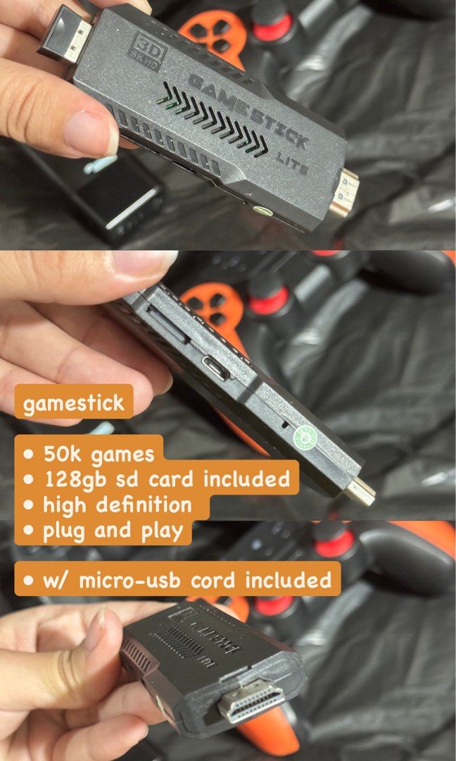 Game Stick Lite 128GB with 2 Controllers (Category: Controllers) located in Rodriguez. Submitted by coleenlopezz (Listing ID 1468431804, Image 2). Description: LAST PRICE ₱850 (check pictures muna) - Game Stick Lite console loaded with a 128GB SD card - Over 50,000 retro games pre-installed - Easy plug-and-play system, includes micro-USB cord - Comes with 2 wireless controllers - Orange controller is currently not working and needs checkup/repair