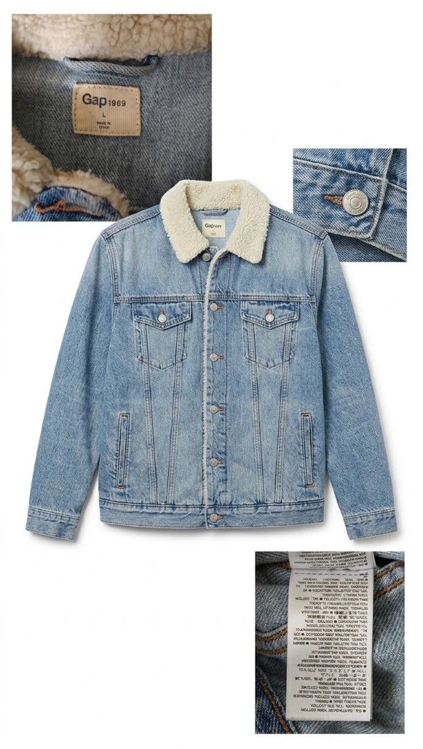 Gap 1969 Sherpa Denim Jacket Size L (Category: Coats, Jackets and Outerwear) located in Caloocan City. Submitted by aluyoiseric381 (Listing ID 1468312412, Image 1). Description: - Brand: Gap 1969 - Style: Classic trucker denim jacket - Color: Light wash - Size: Large - Lining: Warm sherpa lining and collar - Pockets: Dual chest flap pockets and side welt hand pockets - Closure: Metal front buttons - Unisex.