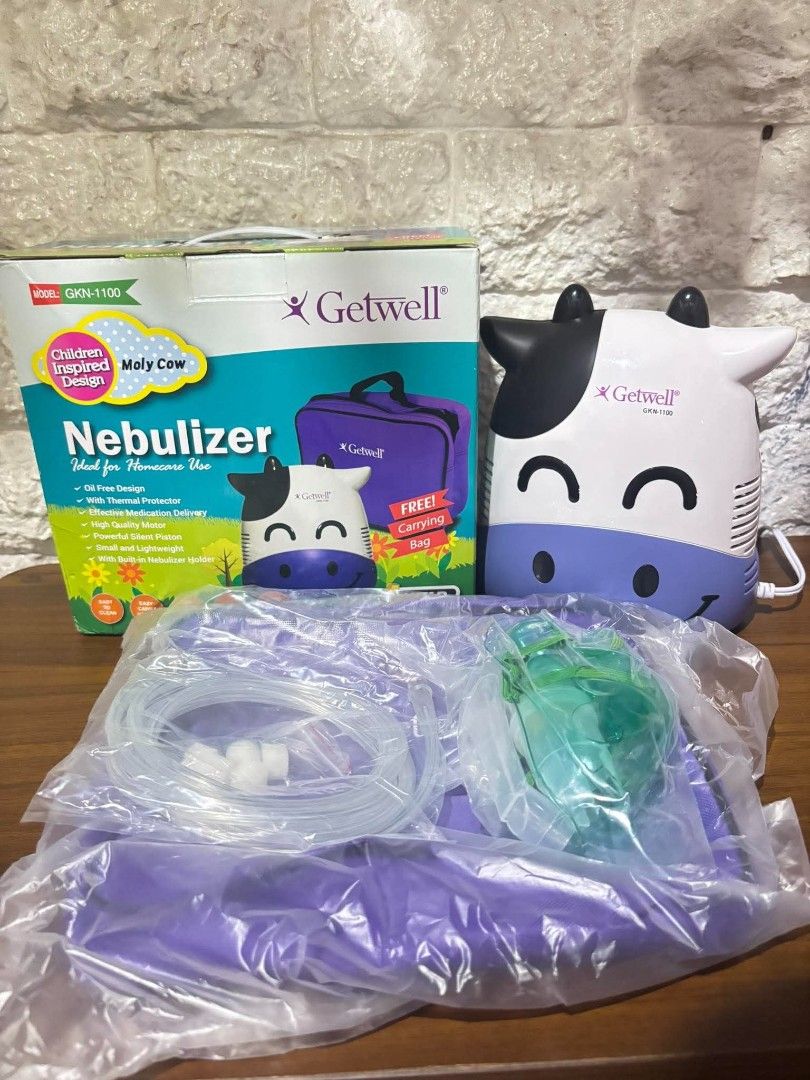 Getwell Moly Cow Design Nebulizer GKN-1100 (Category: Breastfeeding & Bottle Feeding) located in Manila. Submitted by brightflower_273879 (Listing ID 1468339324, Image 1). Description: - Model: Getwell Moly Cow Nebulizer (GKN-1100) - Kid-friendly cute cow design to make treatments stress-free - Fully complete set with original box - FREE carrying bag included - Brand new, sealed tubing and mask accessories inside plastic - Excellent working condi