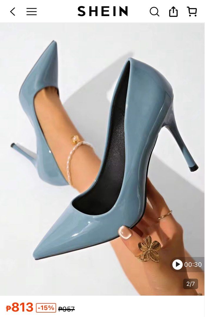 Glossy Blue Pointed Toe Stiletto Heels (Category: Heels) located in Cagayan de Oro. Submitted by elviecup (Listing ID 1468419323, Image 1). Description: Gorgeous glossy blue pointed-toe stiletto heels. Slip-on style with a sleek finish and contrast black lining. Perfect for parties, work, or nights out. Grab these statement shoes today!.