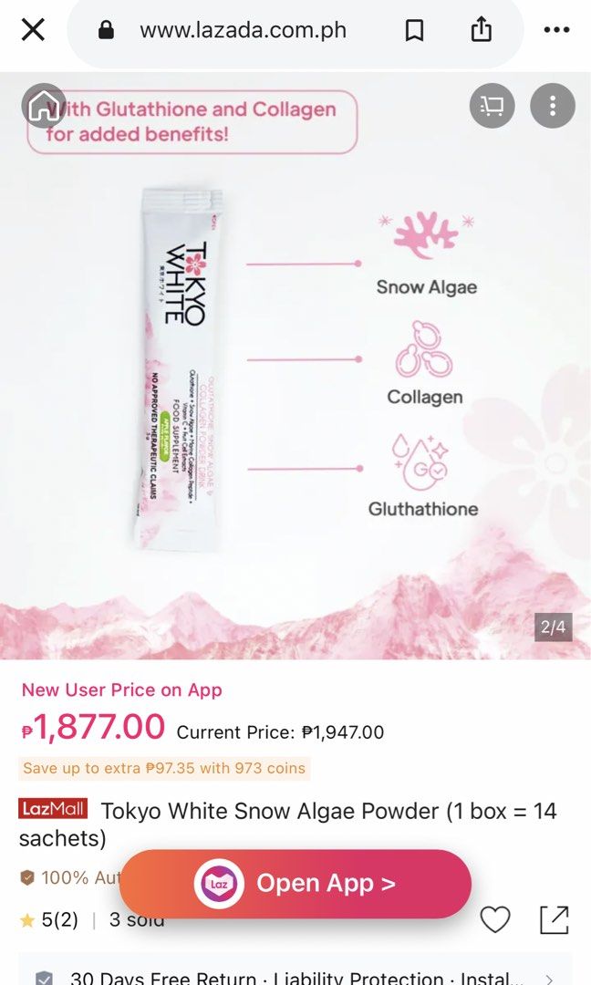 Glutathione & Collagen powder drink (Category: Face Care) located in San Juan City. Submitted by iambernie (Listing ID 1468338552, Image 3). Description: Unused gift. 14 sachets of glutathione and collagen powder drink Food supplement to keep skin looking young Glutathione, snow algae, marine collagen, peptide plus vit c and fruit cell extracts Apple flavor Current price : 1,947 Expiry : Dec 2026. Sealed .