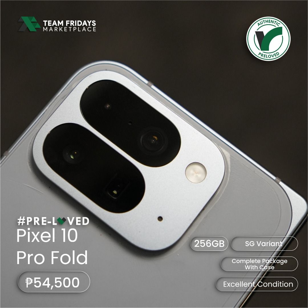 Google Pixel 10 Pro Fold (Category: Google Pixel) located in Quezon City. Submitted by teamfridaysmarketplace (Listing ID 1468377338, Image 2). Description: Google Pixel 10 Pro Fold Openline both Physical sim and Esim SALE Price: Php54500 The unit is in excellent condition Warranty: 7 Days Money Back Guaranteed Package: complete standard package W/ Google Official Case Description - 256GB - SG Variant - Guaranteed No defects and NOT Refurbish!!! 
