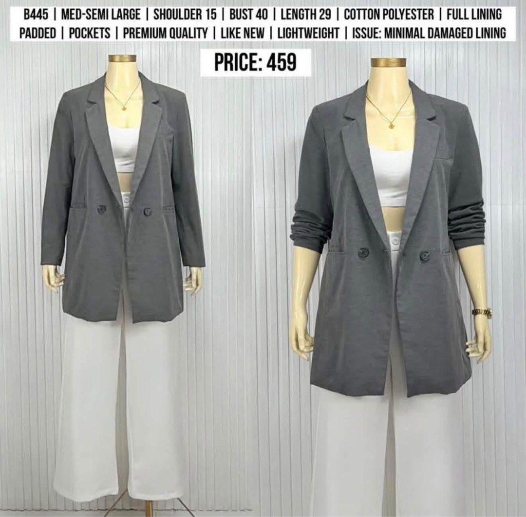 GRAY BLAZER | MED - SEMI LARGE (Category: Coats, Jackets and Outerwear) located in Manila. Submitted by superizza (Listing ID 1468478579, Image 1). Description: Issue: Minamal damaged lining 🌻Location: Paco, Manila. No physical store 🌻Mannequin estimated height: 5’4 🌻Mqnnequin size: Small 🌻Mannequin waist: 23” 🌻Mannequin thigh circumference: 36” 🌻Items are already washed and front steamed, pwede na suotin if di ka maselan. 🌻All items are t