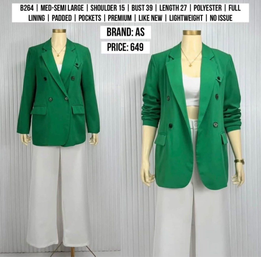 GREEN BLAZER | MED-SEMI LARGE (Category: Coats, Jackets and Outerwear) located in Manila. Submitted by superizza (Listing ID 1468478501, Image 1). Description: 🌻Location: Paco, Manila. No physical store 🌻Mannequin estimated height: 5’4 🌻Mqnnequin size: Small 🌻Mannequin waist: 23” 🌻Mannequin thigh circumference: 36” 🌻Items are already washed and front steamed, pwede na suotin if di ka maselan. 🌻All items are thrifted (from ukay bales) unles