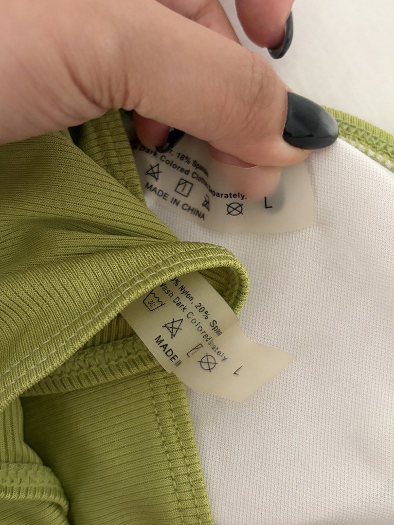 Olive Green One-Shoulder Ribbed Bikini Set - Size L (Category: Bikinis & Swimsuits) located in Las Pinas. Submitted by thriftedfinds_ (Listing ID 1468395063, Image 3). Description: - Condition: Worn once (washed already) - Color: Olive green - Material: Textured ribbed fabric (80% nylon, 20% spandex) - Size: L (Both pieces) - Top: Chic one-shoulder strap with removable padding - Bottoms: Cheeky fit with high-cut legs.
