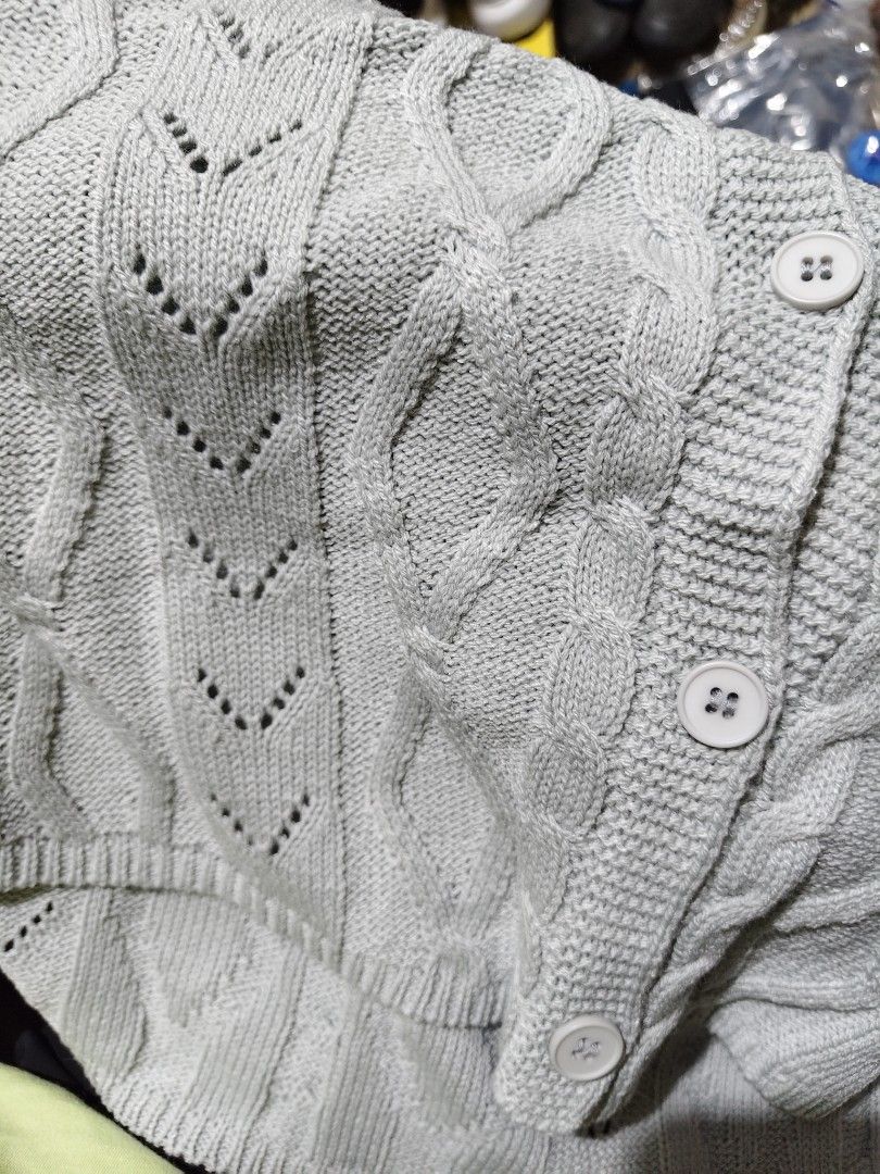 Grey cable knit button-up vest (Category: Sleeveless) located in Munoz. Submitted by harm0nica337 (Listing ID 1468423554, Image 3). Description: Bust:45 - Style: Sleeveless button-up vest with classic round neck - Design: Detailed cable knit and openwork diamond pattern - Finish: Ribbed trim on neckline, armholes, and hem - Versatility: Great for layering over shirts or wearing solo MOP: Gcash (price+SF) j&t express.