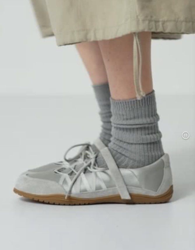 GU Gray Lace Up Ballet Sneakers (Category: Sneakers) located in Pasig City. Submitted by nakamuraka (Listing ID 1468477190, Image 2). Description: -Brand new with original tags attached - Light grey satin and suede upper - Secure lace-up details and velcro strap - Trendy low gum sole - Super comfy flat style, perfect with or without socks - Size: M.
