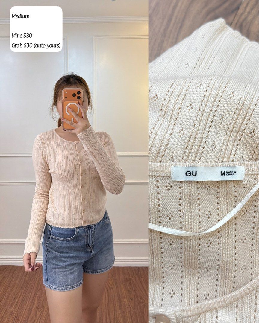 GU Knit Cardigan Cream Medium (Category: Coats, Jackets and Outerwear) located in Manila. Submitted by angelll0123 (Listing ID 1468426010, Image 1). Description: - Brand: GU - Item: Knit Cardigan - Features: Button-down front, subtle all-over patterned knit texture, long sleeves - Material: Lightweight and comfortable - Styling: Easy to match with denim shorts or high-waisted jeans.