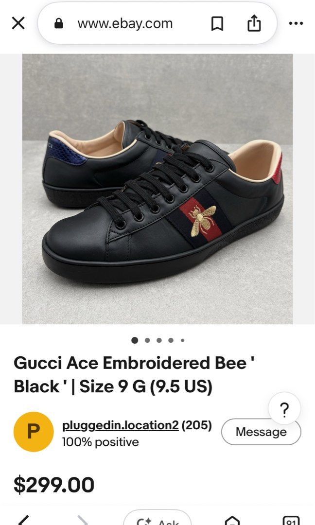 GUCCI ACE EMBROIDERED BEE BLACK (Category: Sneakers) located in General Mariano Alvarez. Submitted by adonid (Listing ID 1468335125, Image 2). Description: GUCCI ACE EMBROIDERED BEE BLACK GOOD CONDITION NORMAL SIGN OF USAGE ONLY SIZE 6 WOMEN.