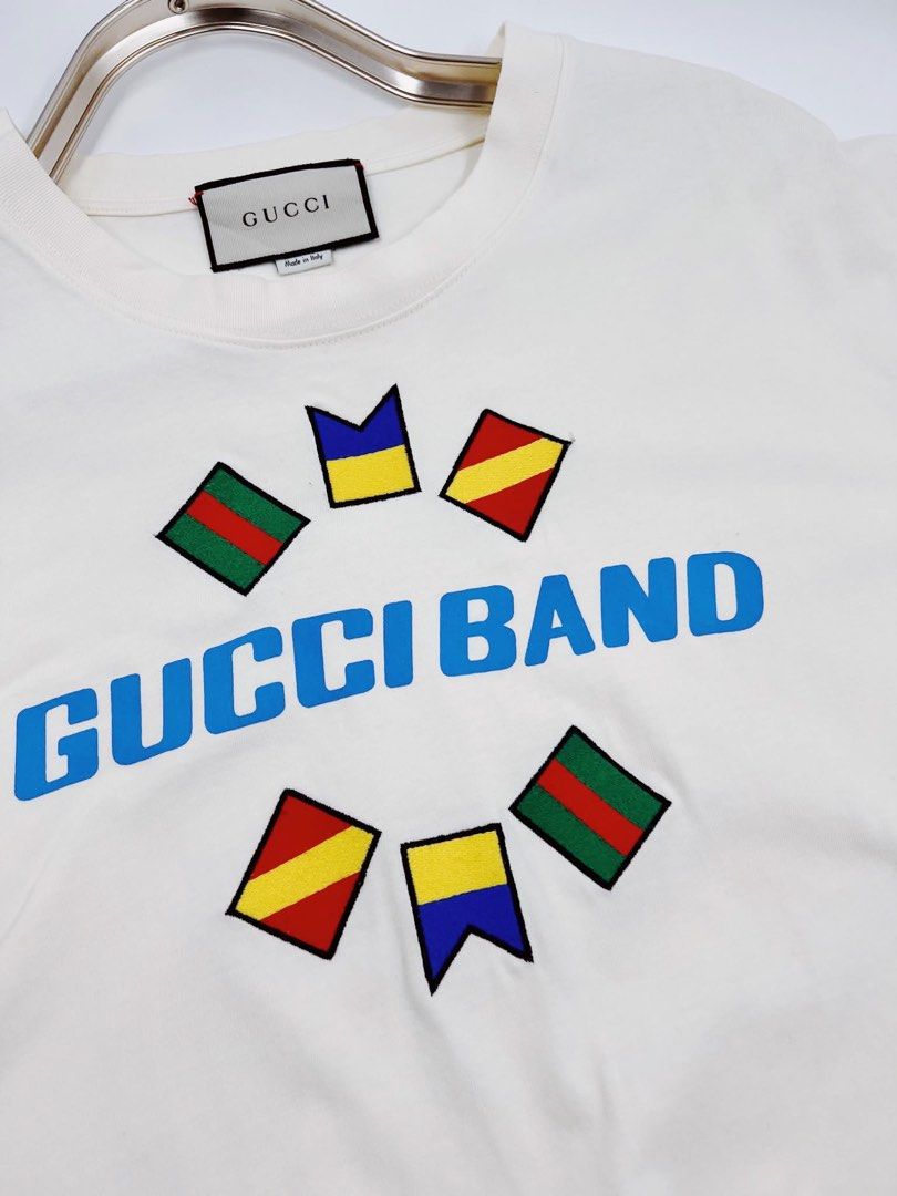 ▪️Gucci "Band" shirt (Category: Luxury Apparel) located in Makati City. Submitted by aveltot_rig (Listing ID 1468374258, Image 3). Description: Item: Gucci "Band" shirt Dimes: width: 22 x length: 31.5 📏 Condition: like new! ✨.