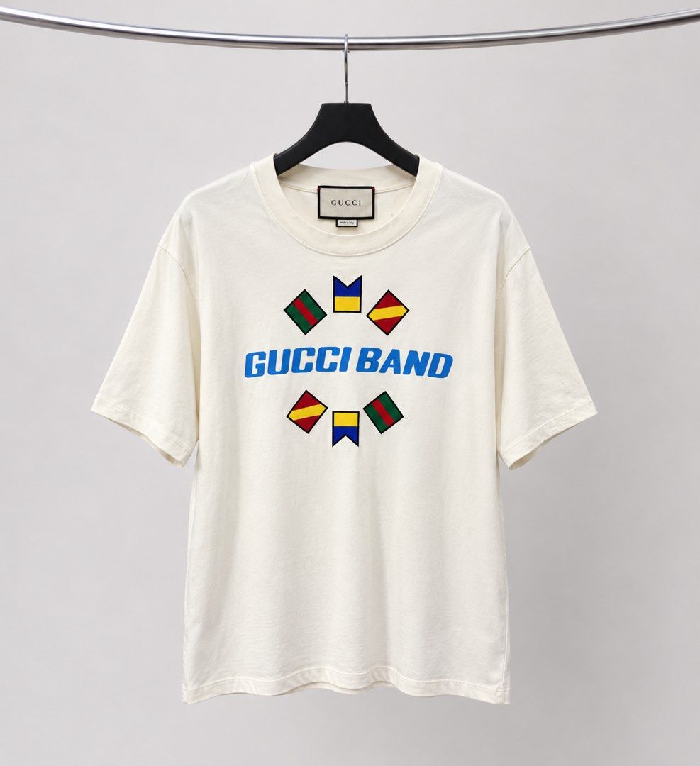▪️Gucci "Band" shirt (Category: Luxury Apparel) located in Makati City. Submitted by aveltot_rig (Listing ID 1468374258, Image 1). Description: Item: Gucci "Band" shirt Dimes: width: 22 x length: 31.5 📏 Condition: like new! ✨.