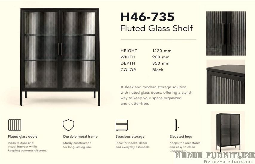 H46-735 metal shelf / multipurpose cabinet (Category: Shelves, Cabinets & Racks) located in Quezon City. Submitted by nemiefurniture (Listing ID 1468358826, Image 1). Description: - Brand/Model: Nemie Furniture H46-735 - Dimensions: 1220 mm (H) x 900 mm (W) x 350 mm (D) - Material: Durable metal frame with vertical ribbed fluted glass doors - Design: Modern minimalist style with elevated legs for easy floor clearance - Function: Ideal storage uni