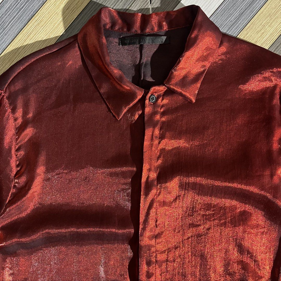 Haider Ackermann Shiny Silk Button Down Long-Sleeve (Category: Formal Shirts) located in Daraga. Submitted by th3cliquejunks (Listing ID 1468466633, Image 2). Description: Haider Ackermann Shiny Silk Button Down Long-Sleeve Tagged Size: Large Condition: 9.5/10 No major flaw Measurement: Pit to pit: 21” Length: 29” - 3,380 Dm!.