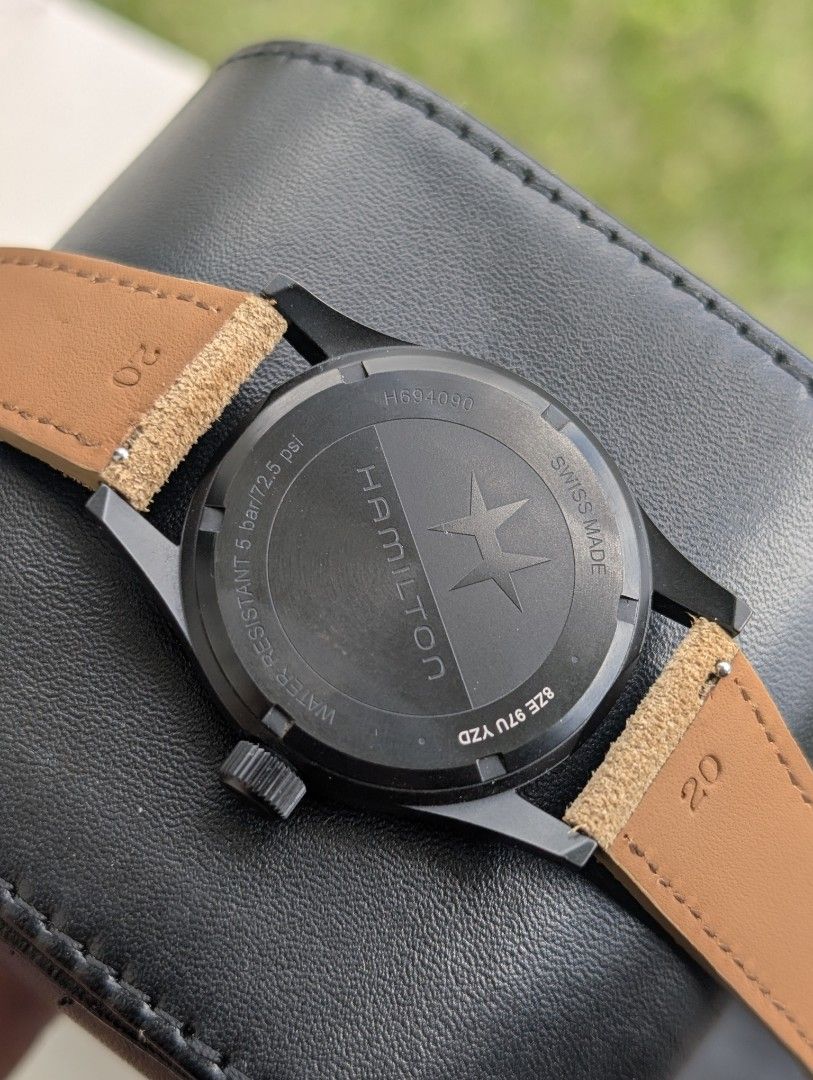 Hamilton Khaki Field 38mm (Category: Luxury Watches) located in Valenzuela. Submitted by watchdmd (Listing ID 1468343403, Image 2). Description: Selling this pre-owned but very good condition Hamilton Khaki Field 38mm PVD coated case 38mm case 20mm lug width Dial: Black military-style dial with white Arabic numerals (12-hour and 24-hour scales) and triangular index markers featuring old-radium-colored Super-LumiNova Aftermarket suede leather stra