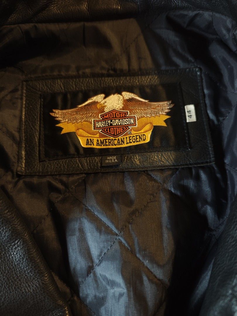 Harley-Davidson An American Legend Leather Jacket Size 44 (Category: Coats, Jackets and Outerwear) located in Dalaguete. Submitted by three7archives (Listing ID 1468436740, Image 2). Description: - Brand: Harley-Davidson - Size: 44 - Material: 100% Genuine Leather (Professional clean only) - Lining: Quilted polyester for extra warmth - Hardware: Heavy-duty zippers and adjustable buckled waist belt - Origin: Made in U.S.A. - Condition: Excellent, 