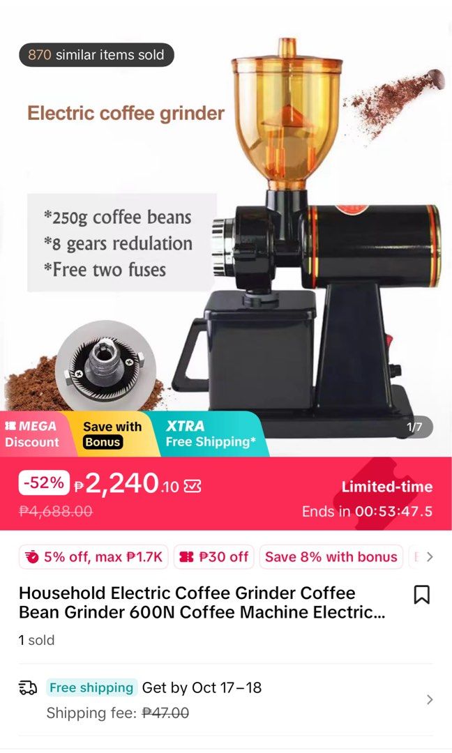 Household Electric Coffee Grinder Black (Category: Coffee Machines & Makers) located in Taguig. Submitted by tiny_trends (Listing ID 1468326383, Image 3). Description: REASON FOR SELLING: Got a Job offer in Kuwait. I need to sell my stuff in dorm now asap CONDITION: All new in box. Never used because I was waiting for BPO job offers here in manila until I got accepted in Kuwait Job. - Color: Sleek black design with a stylish amber bean hopper - G