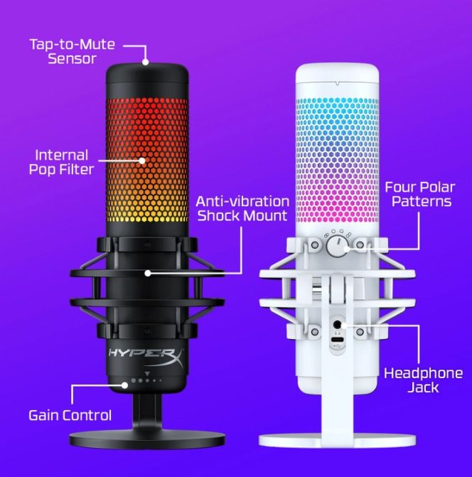 HyperX QuadCast S WHITE RGB Microphone (Category: Microphones) located in Angeles City. Submitted by cyleen (Listing ID 1468370749, Image 2). Description: HyperX QuadCast Condenser Microphone for sale - Built-in anti-vibration shock mount and internal pop filter - Convenient tap-to-mute sensor with LED status indicator - Four selectable polar patterns (Stereo, Omnidirectional, Cardioid, Bidirectional) - Easy-to-access gain control adjustment dial