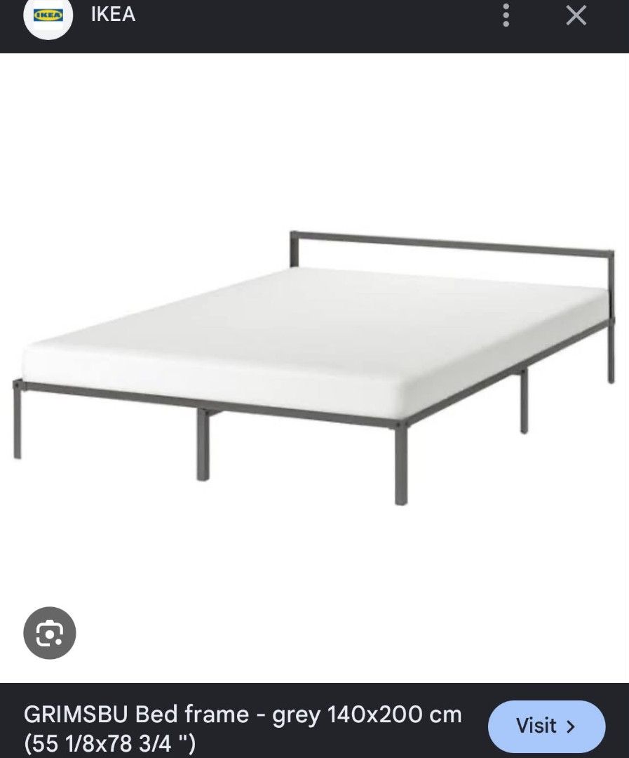 IKEA GRIMSBU Bed frame grey 140x200 cm (Category: Bed Frames & Mattresses) located in Las Pinas. Submitted by calmwolf_2a8740 (Listing ID 1468288797, Image 1). Description: - Model: IKEA GRIMSBU Bed Frame - Color: Grey - Size: 140x200 cm (fits standard double mattress) - Material: Sturdy metal construction with wooden slats included - Design: Minimalist and solid support - Pick up only - Note: Buyer needs to disassemble for transport - Queen Size