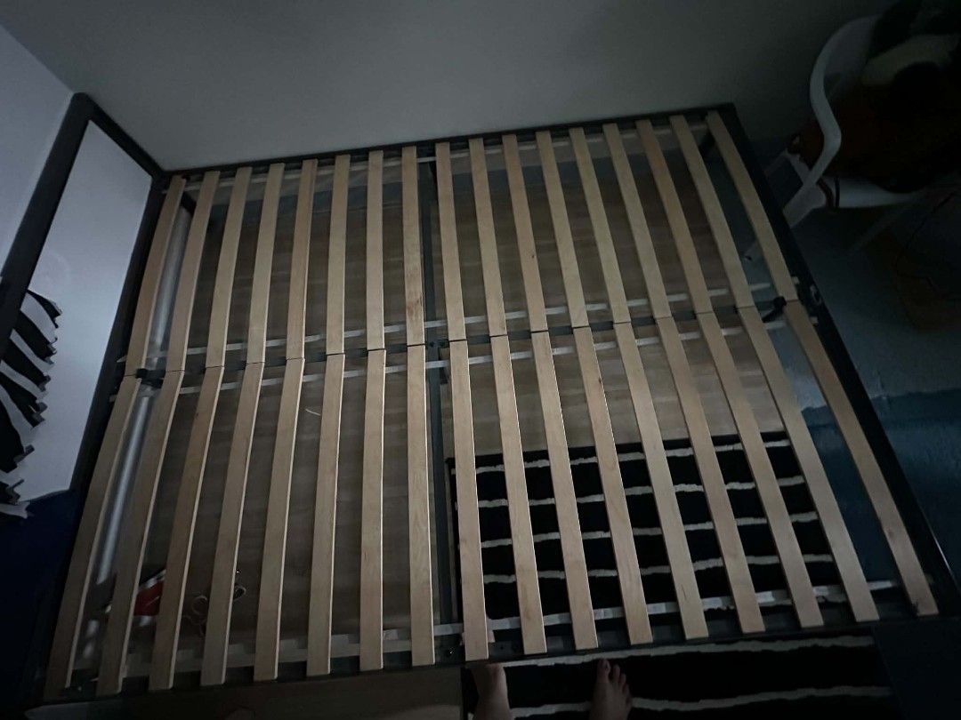 IKEA GRIMSBU Bed frame grey 140x200 cm (Category: Bed Frames & Mattresses) located in Las Pinas. Submitted by calmwolf_2a8740 (Listing ID 1468288797, Image 2). Description: - Model: IKEA GRIMSBU Bed Frame - Color: Grey - Size: 140x200 cm (fits standard double mattress) - Material: Sturdy metal construction with wooden slats included - Design: Minimalist and solid support - Pick up only - Note: Buyer needs to disassemble for transport - Queen Size