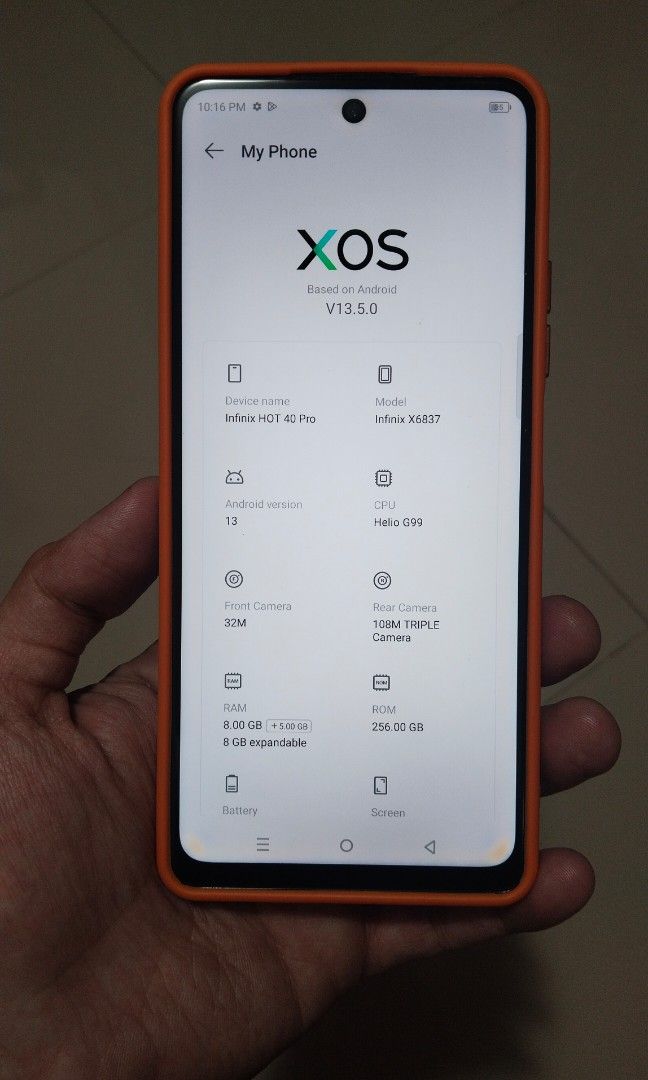 Infinix Hot 40 Pro 256gb (Category: Android Others) located in Manila. Submitted by kaikiyo0727 (Listing ID 1468436751, Image 3). Description: good working condition sobrang linaw ng camera minimal issue lang 2 burn na maliit sa screen (see last picture) hindi masyadong halata pero ideclare ko parin yan. sobrang mura na nyan. reasonable na sa price..