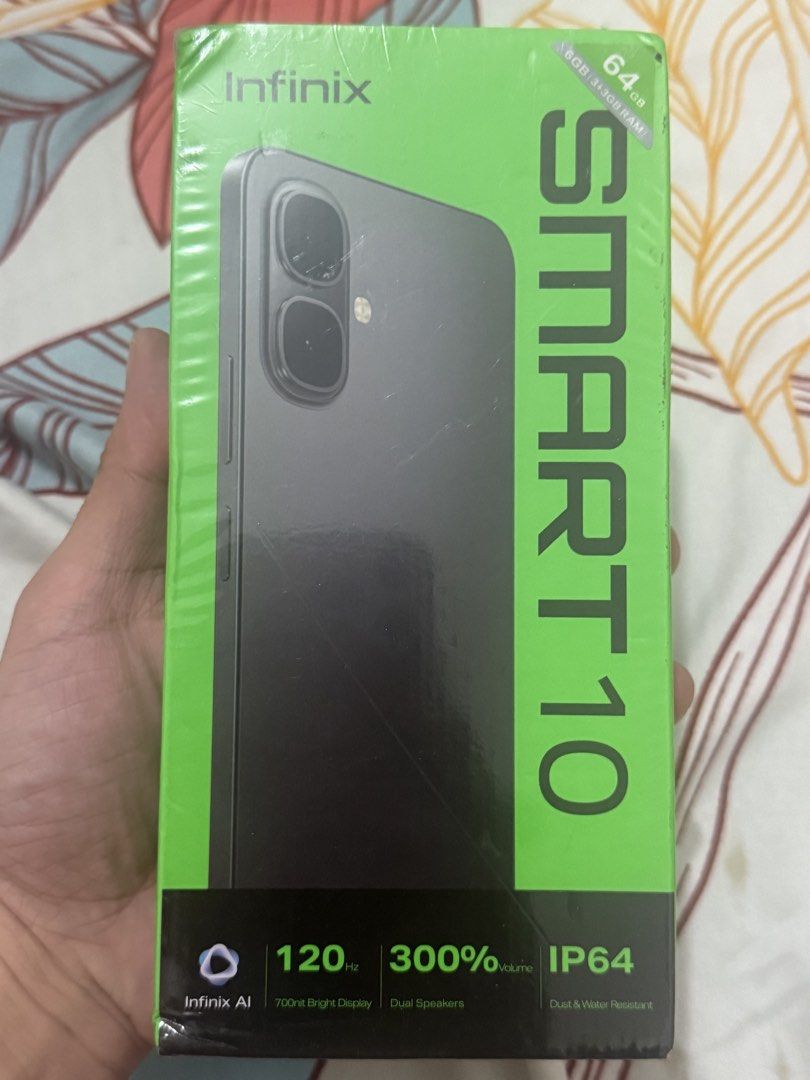 Infinix Smart 10 (Category: Android Others) located in Manila. Submitted by geoglaze (Listing ID 1468449155, Image 1). Description: 📱 FOR SALE: INFINIX SMART 10 – 64GB ✨ BRAND NEW • NEVER USED 💰 Price: ₱ 5000 (non negotiable ) 📌 FULL SPECIFICATIONS * Brand: Infinix * Model: SMART 10 * RAM: 6GB * Internal Storage: 64GB ROM * Display: 6.67-inch HD+ LCD * Refresh Rate: Up to 120Hz * Processor: Unisoc T7250 Octa-Core * Rear Camera: 8MP * Front Cam