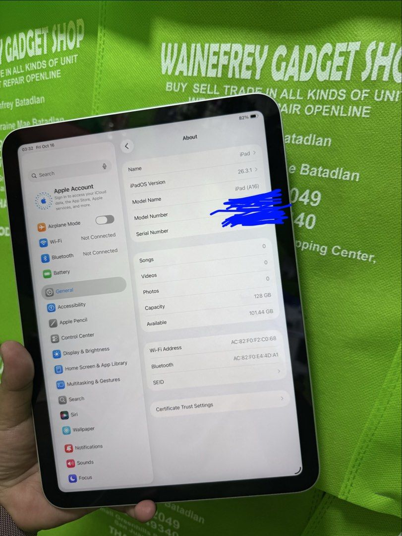 iPad 11th Gen 128gb (WIFI-ONLY) (Category: iPad) located in San Juan City. Submitted by wainefreygadgetshop (Listing ID 1468387242, Image 2). Description: iPhone 11th Gen 128gb (Wifi-Only) ALL GOODS AT WORKING NO REPAIR HISTORY NO HIDDEN ISSUE BATTERY HEALTH 100% 42 cycle count Warranty untill DECEMBER 2026 Makinis ,No Scratch ,No Dents 😊 TEST TO SAWA BAGO BAYARAN Free Clearcase at Set Charger For fast transaction call/text 09279452049,097045493