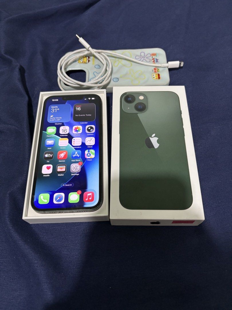iPhone 13 Green 128GB (Category: iPhone 13 Series) located in San Pedro. Submitted by tapsyy (Listing ID 1468312859, Image 3). Description: FOR SALE OR SWAP ADD KA IF LOWER ADD AKO IF HIGHER IPHONE 13 GREEN 128GB 84% BATTERY HEALTH (ORIGINAL) FACTORY UNLOCKED (OPENLINE) ZP/A LOCAL VARIANT POWERMAC PURCHASED (OCTOBER 2, 2024) FACE ID WORKING TRUETONE WORKING COMPLETE PACKAGE (ORIGINAL BOX & CORD) NO REPAIR HISTORY (ALL ORIGINAL PARTS) PRISTINE CON