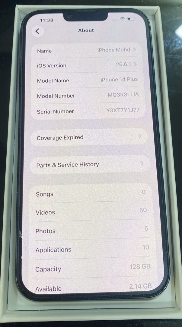 Iphone 14 plus (Category: iPhone 14 Series) located in Kuala Lumpur. Submitted by lingss2 (Listing ID 1468340742, Image 3). Description: Semua berfungsi dengan baik …dapat kotak sekali …bateri sudah tukar baru.